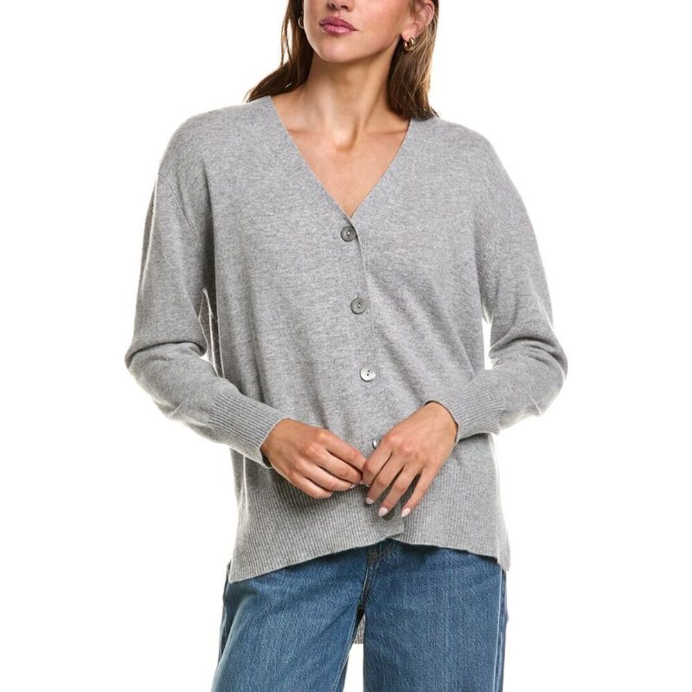 Forte Cashmere Womens Hi-Low Easy Button 100% Cashmere Cardigan, Gray